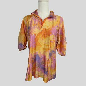 Tzu Tzu Shirt L Multicolor Half-Zip Swirl Print Gathered Sleeves Golf Tennis